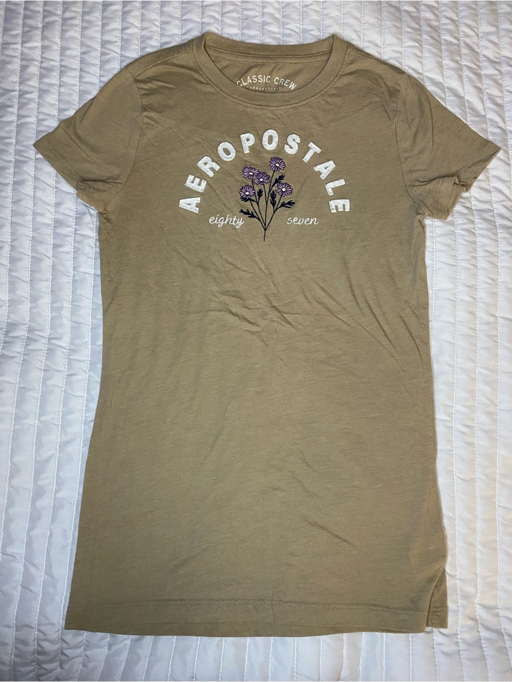 Aeropostale Light Brown Crewneck Tee with Purple Floral Logo